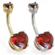 14K Gold belly ring with Garnet double heart CZs