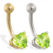 14K Gold belly ring with peridot 6mm CZ heart
