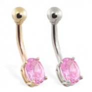 14K Gold belly ring with pink oval CZ