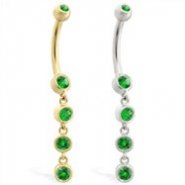 14K Gold belly ring with quadruple Emerald dangle