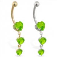 14K Gold belly ring with triple heart Peridot dangle