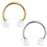 14K Gold Horseshoe/Circular Barbell with White Opal Balls