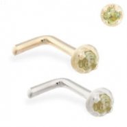 14K Gold L-shaped nose pin with 1.5mm Peridot gem