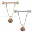 14K Gold nipple ring with dangling rainbow opal ball on chain, 14 ga