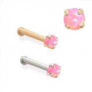 14K Gold Nose Bone with 2mm Round Pink Opal