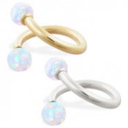 14K Gold twister barbell with White opal balls , 14ga