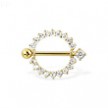 14K Real Yellow Gold Gemmed Nipple Ring With Jeweled Barbell, 14 Ga