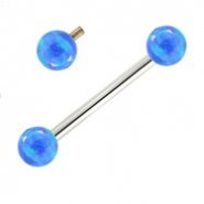 14K White Gold Internally Threaded Straight Barbell With Blue Opals