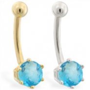 14K yellow gold belly button ring with 6-prong Aquamarine
