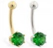14K yellow gold belly button ring with 6-prong Emerald