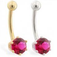 14K yellow gold belly button ring with 6-prong Ruby