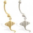 14K Yellow Gold belly ring with dangling CZ jeweled sting ray