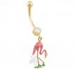 14K Yellow Gold belly ring with dangling enameled flamingo
