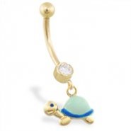 14K Yellow Gold belly ring with dangling enameled turtle