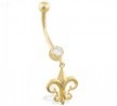 14K Yellow Gold belly ring with dangling Fleur-de-Lis charm