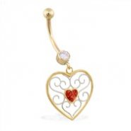 14K Yellow Gold belly ring with dangling heart charm and red glitter center