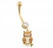 14K Yellow Gold jeweled belly ring with dangling Owl Charm
