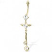 14K Yellow Gold Navel Ring with Winged Heart-Shaped CZ And Two Dangling Gems