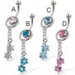 2-in-1 belly button ring with slide-off ring and two flowers on dangles