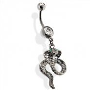 Belly button ring hematite Cobra with Green CZ eyes Dangle