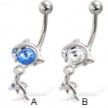 Belly button ring with big gem and two dolphins