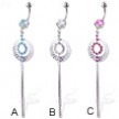 Belly button ring with jeweled round charm and two dangles