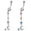Belly button ring with stars and crescent on dangle
