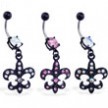 Belly ring with dangling black coated jeweled Fleur-De-Lis