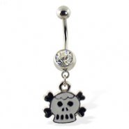 Belly ring with dangling cartoon skull and crossbones