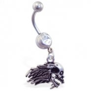 Belly Ring with Dangling Flaming Skull