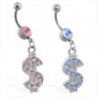 Belly ring with dangling jeweled dollar sign