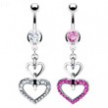 Belly ring with dangling jeweled linked hearts