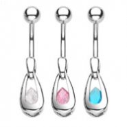 Belly ring with dangling jeweled teardrop block