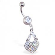 Belly ring with dangling multi-colored jewel paved heart