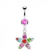 Belly Ring With Dangling Multicolored Flower