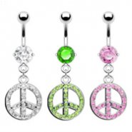 Belly ring with dangling pave jeweled peace sign