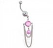 Belly ring with dangling pink jeweled and pearl with chains