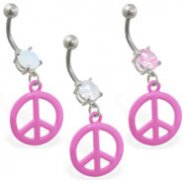 Belly ring with dangling pink peace sign