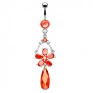 Belly ring with dangling red jeweled flower and teardrop stone