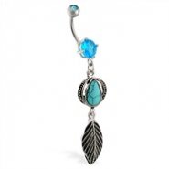 Belly ring with dangling turquoise stone and feather