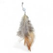 Belly ring with dangling white, black and brown feathers
