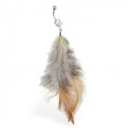 Belly ring with dangling white, black and brown feathers