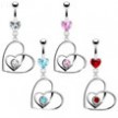 Belly ring with jeweled heart inside dangling crooked heart
