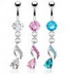 Belly ring with jeweled teardrop on jeweled dangle
