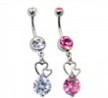 Belly Ring with Large CZ and Floating Hearts Dangle