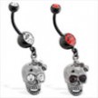 Black Coated Jeweled Navel Ring with Dangling Girly Skull