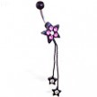 Black coated jeweled star navel ring with dangling stars on chains