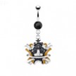 Black jeweled navel ring with dangling black and yellow enameled crown