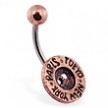 Brass Button Belly Ring With Words "Paris, Tokyo, New York"