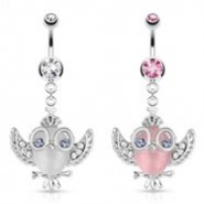 Cats Eye Owl with Gemmed Wings Glasses And Crown Dangle Surgical Steel Navel Ring